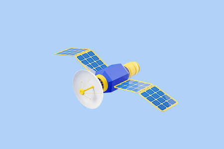 Satellite with solar wings on blue background. Concept of internet and connection. 3D renderingの写真素材