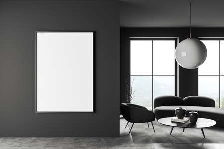 Dark living room interior with sofa and armchair, coffee table with decoration on carpet, gray...