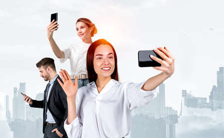 Business people working, using phone, video call and conference. New York skyscrapers overlay....