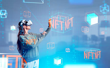 Businesswoman in vr headset, smiling and hands touch digital NFT data blocks hologram, binary and...