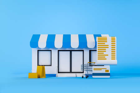 Cartoon store and paper bags, shopping cart with credit card and paper bill on blue background. Concept of goods delivery. 3D renderingの写真素材