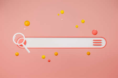 Search bar, web design element on light pink background. Colorful bubbles floating. Information browse on the internet. Concept of online search and seo. 3D renderingの写真素材