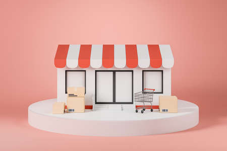Cartoon store on podium with cardboard boxes and a shopping cart, light red background. Concept of...