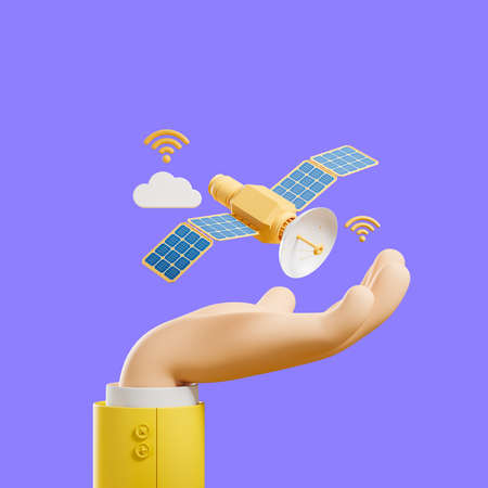 Cartoon hand hold flying satellite with wifi icon, cloud connection on purple background. Concept of wifi and network. 3D renderingの写真素材