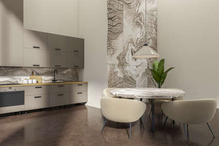 Corner view on bright studio dining and kitchen room interior with table, armchairs, marble and...