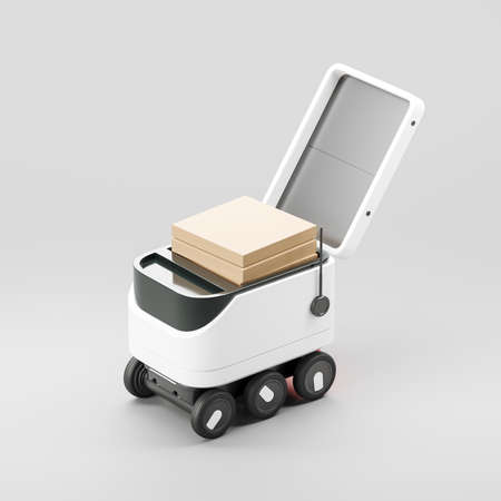 White smart drone robot with cardboard boxes, top view, light background. Autonomous bot for logistics and delivery. Mockup, 3D renderingの写真素材
