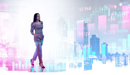 Businesswoman serious look walking, double exposure of New York Manhattan, stock market candlesticks...