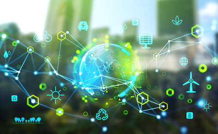 Earth sphere hologram and glowing eco hud with diverse icons and lines, blurred green city on...