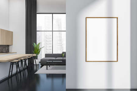 White kitchen interior with relax space with sofa on carpet, cooking zone with bar island on dark...