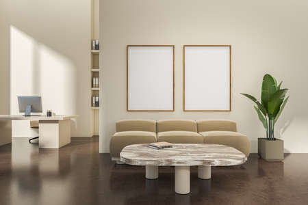 Beige business room interior with chill zone with sofa and coffee table, work desk with pc computer...