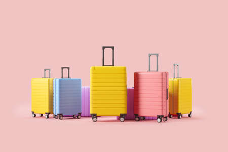 Colorful suitcases in row, ready for traveling. Concept of relocation and moving. Copy space, 3D renderingの写真素材