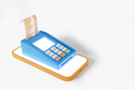 POS terminal with smartphone blank screen, empty receipt on gray background. Concept of online...