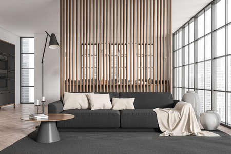 White studio interior with sofa on carpet and coffee table with decoration. Cooking area with...