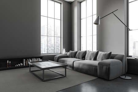 Dark living room interior with dark sofa, side view, coffee table and drawer with decoration on gray...