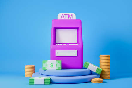 Violet ATM bank on podium with banknotes and coins on blue background. Concept of savings and...
