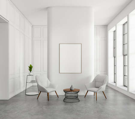 White living room interior, two armchairs and coffee table with stand, gray concrete floor....