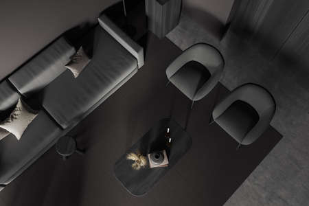 Top view of dark relax corner interior with sofa and two armchairs, coffee table with decoration,...