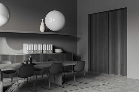 Dark meeting interior with chairs and board, side view, gray concrete floor. Minimalist office room...