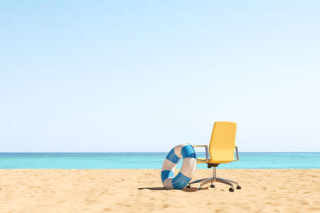 Yellow armchair on a beach with rubber ring for swimming, sea view. Concept of vacation and relax. Copy space blue sky. 3D renderingの写真素材