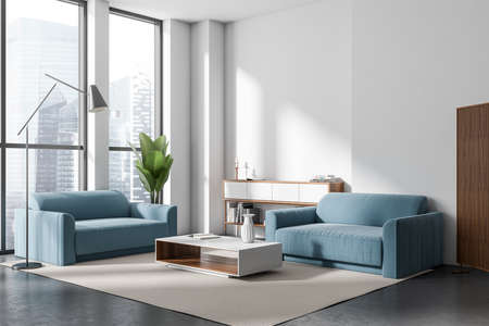 White living room interior with two sofa, side view, relax place with decoration, carpet on gray...