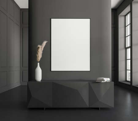 Dark living room interior with black sideboard and art decoration, black concrete floor. Panoramic...