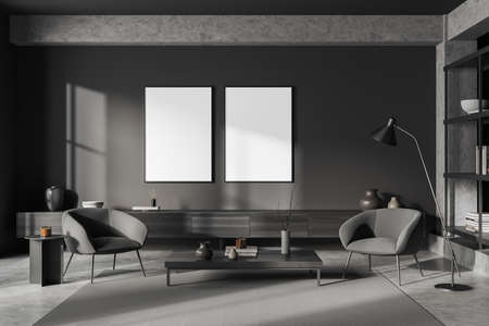 Dark living room interior two armchairs and coffee table on carpet, dresser with modern art...