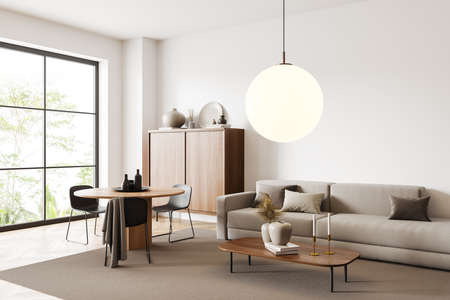 White living room interior with dining table and chairs, side view, sofa and cabinet with decoration...
