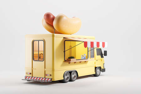 Colorful food truck with hot dog on a rooftop. Back view door and cooking area of yellow van on gray...