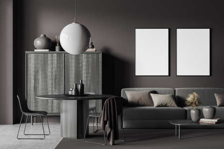 Dark living room interior with sofa and chairs with dining table, carpet on gray concrete floor....