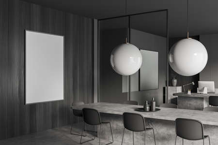 Dark business interior with dining table and work zone with pc computer, side view, gray concrete...