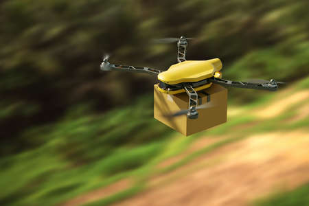 Quadrocopter drone with cardboard package flying on blurred countryside background. Modern autonomous bot for post service and delivery. 3D renderingの写真素材
