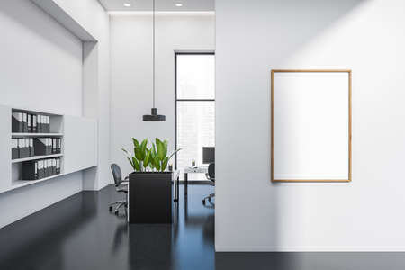 Front view on bright office interior with panoramic windows with empty white poster, Singapore view,...