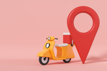 Yellow scooter with a parcel on pink background, large geo tag. Concept of delivery and tracking. copyspace. 3D renderingの写真素材