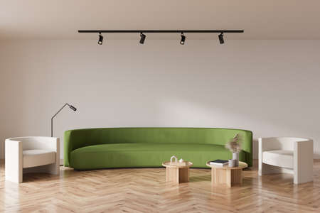 Beige living room interior with sofa and two armchairs, coffee table with books and art decoration,...