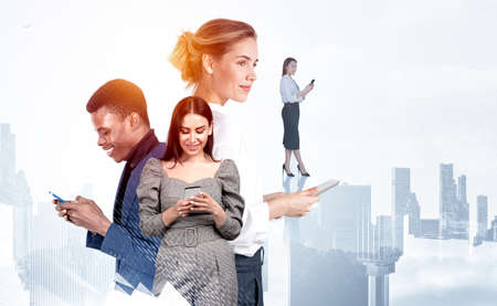 Multinational business people working together, video conference and typing on smartphone, New York...