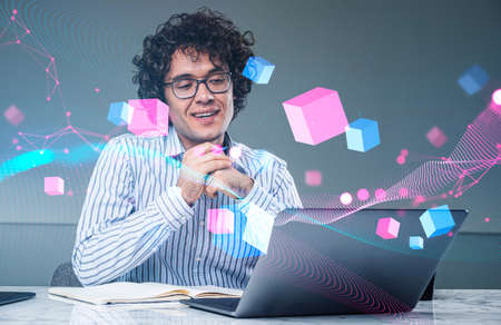 Smiling businessman on a video conference, digital hologram of information fields, virtual reality....