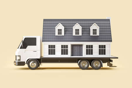 White delivery van with a big house, side view on beige background. Concept of home moving and...