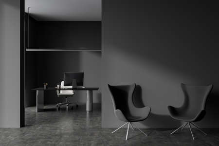 Front view on dark office interior with table with desktop, empty gray wall, cozy armchairs, arch, lamp and concrete floor. Concept of place for working process, ceo, director. 3d renderingの写真素材