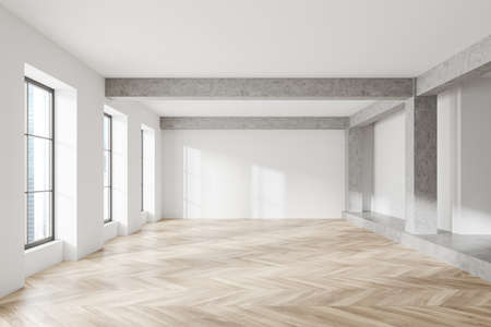 White studio interior with hardwood floor, front view, empty open space hall in apartment with panoramic window on city view. No furniture, no people. 3D renderingの写真素材