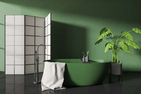 Front view on dark bathroom interior with bathtub, partition, plant, green walls, concrete tile floor, shampoo, faucet, towel. Concept of water treatment. 3d renderingの写真素材