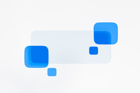 Transparent business card with blue geometric figures design on white background. Mockup empty space...