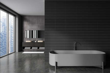 Front view on dark bathroom interior with bathtub, empty gray wall, large mirror, panoramic window...