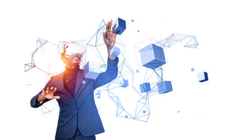 African businessman in vr glasses, hands touch digital hologram of information fields and blocks on...