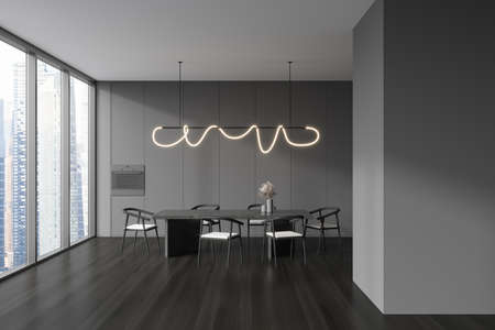 Front view on dark dining room interior with dinner table with armchairs, panoramic window, gray...