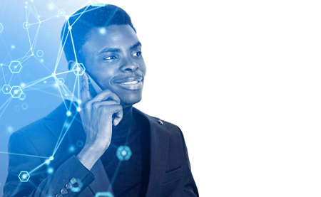 Black businessman calling on smartphone, smiling portrait. Network hologram double exposure and...