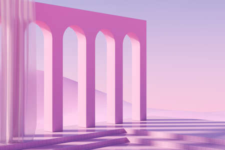 Stairs and pink large arches on purple background, tile floor and curtains. Abstract wallpaper, web...