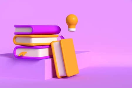 Stack of books on podium, lightbulb on violet background. Concept of education and ideas. copyspace. 3D renderingの写真素材