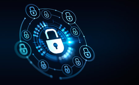 Digital cybersecurity hologram with glowing lock with padlock circuit, black background....