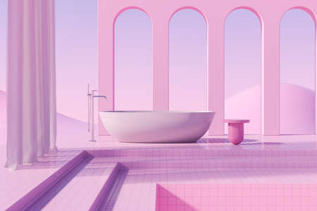 Abstract exterior with bathtub and table, pink large arch on landscape background, tile floor podium...