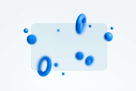 Transparent glass credit card with floating blue geometric figures design. Mockup empty space...